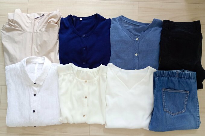 夏に着る服8枚。トップス3枚、インナー3枚、ボトムス2枚でまわします