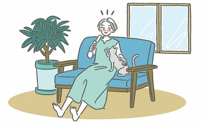 ソファでアイスを食べる女性のイラスト