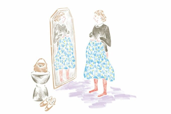 鏡の前で服を合わせる女性のイラスト