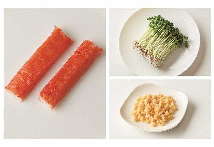 カニカマ、天かす、かいわれ大根