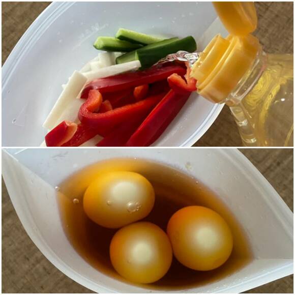シリコーン保存袋に卵と野菜