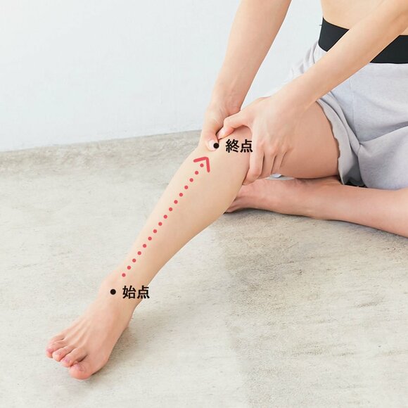 外くるぶしからひざ下までほぐす様子