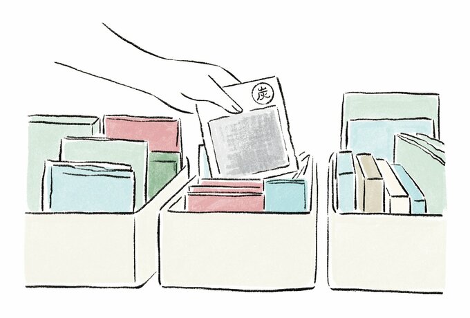 ものがたくさん入った箱の中から除湿剤を手に取るイラスト