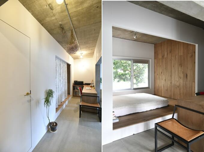 カーテンで仕切っただけの寝室