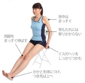 イスに浅く腰かけて両脚を伸ばす女性