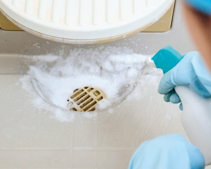 泡タイプの漂白剤を排水溝に吹きかけている様子