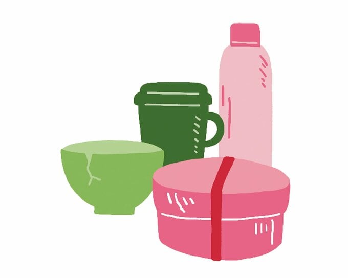 割れた食器や弁当箱・水筒のイラスト