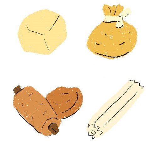 イラストじゃがいももち巾着など