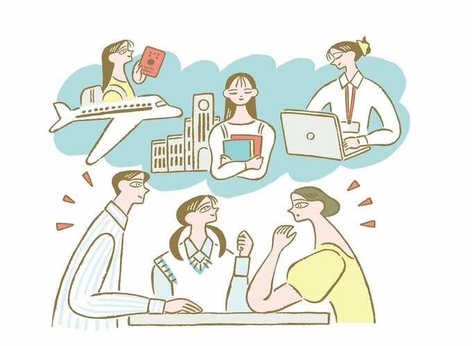 家族で進路や仕事など人生の選択について相談するイラスト
