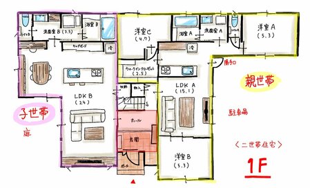二世帯住宅事例：玄関のみ共有、広くつくって使いやすい＆生活音をさえぎる効果も