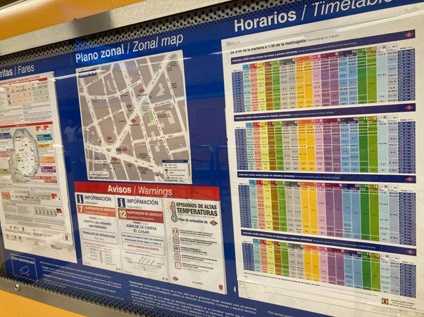 周辺地図や時刻表が掲示された壁