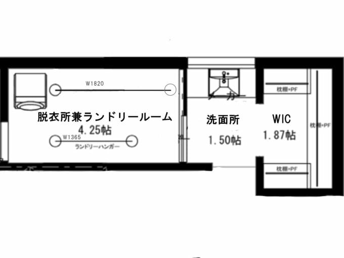 脱衣所兼ランドリールームから洗面所を通ってWICへ繋がる間取り