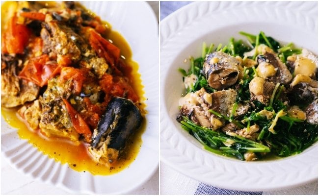 。サバトマト(左)、イワシと豆苗のマヨじょうゆあえ(右)