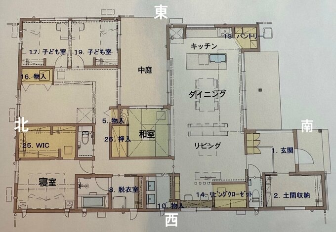 コの字の平屋の平面図