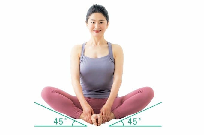 座って左右の足裏をつけると、ひざが45°以上浮くかチェック