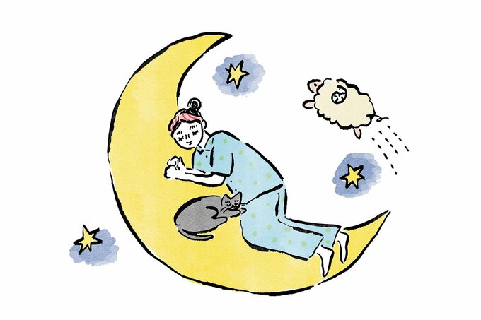 三日月の上に寝る女性と寄り添う猫のイラスト