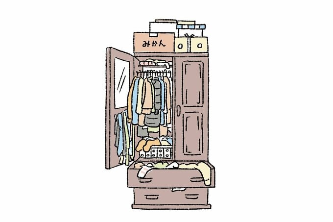 衣類がぎっしり詰まり、上にも箱が詰まれた洋服ダンスのイラスト