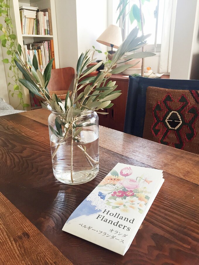 テーブルの上に花瓶に入った植物とパンフレットがある