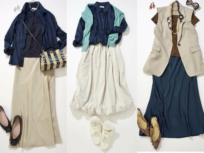 サテンスカートとバルーンスカートで「大人の上質ファッション」が完成!