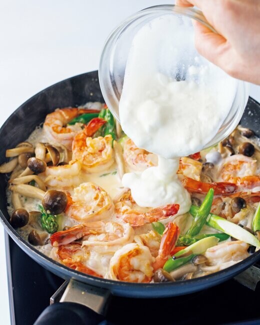 糖質オフのヒント(エビとアスパラのさっぱりクリーム煮)