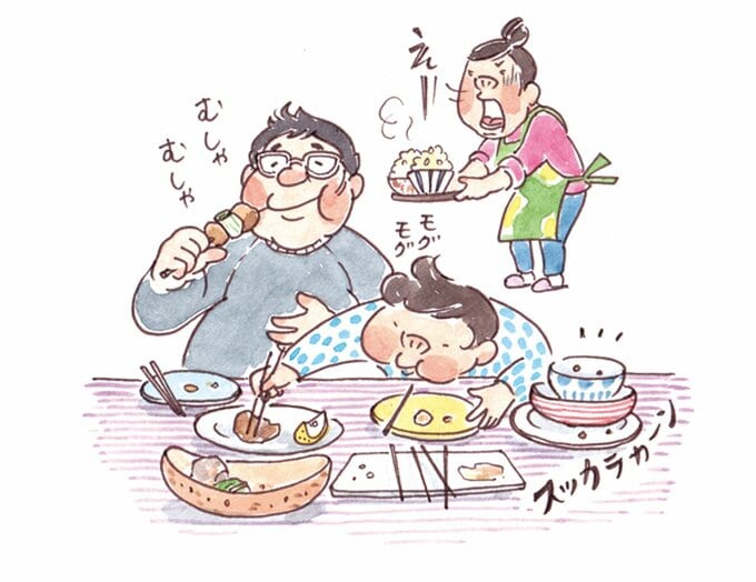食卓の料理を食べつくす夫と子どもを見て驚く妻のイラスト