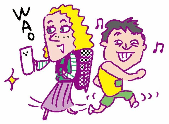 旅行している人のそばで散歩するサバンナ 八木さんのイラスト