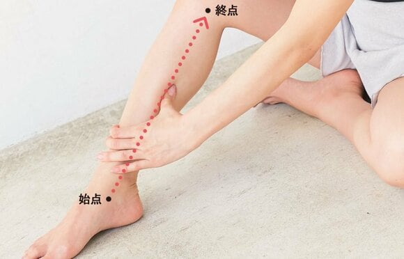 内くるぶしからひざ下までほぐす様子