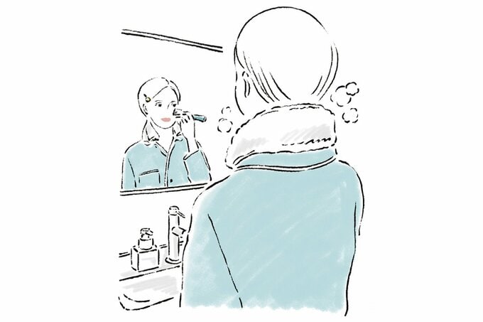 首に温かいタオルを巻きながらメイクをする女性のイラスト