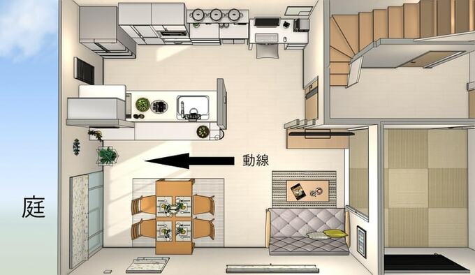 動線の空間がある9畳のリビングダイニングの間取り