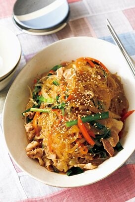 コウケンテツさんの「豚こまとニラのチャプチェ」。甘辛ダレがたまらない