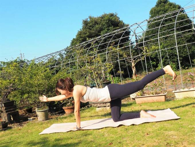 右手を前方に伸ばし、左足のひざを伸ばして持ち上げる