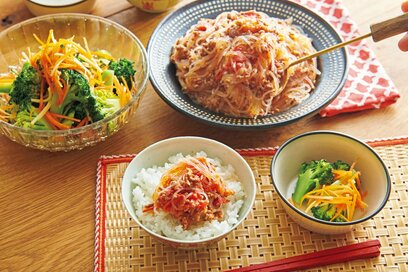 トマト麻婆春雨の献立。レンチンとあえるだけ、15分で完成