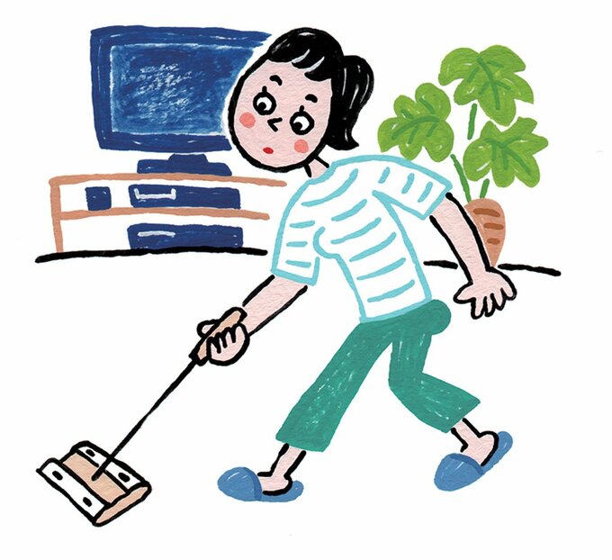 イラストフローリングワイパーで掃除をする女性