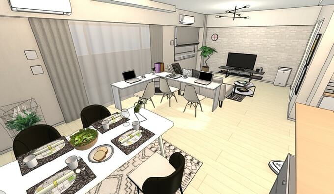 ダイニングとリビングの間にできたL字型のテレワークスペース