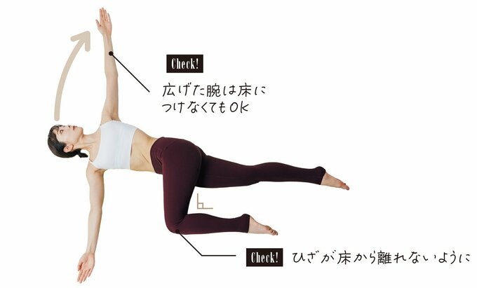 背中ツイスト腕を広げて胸を開く