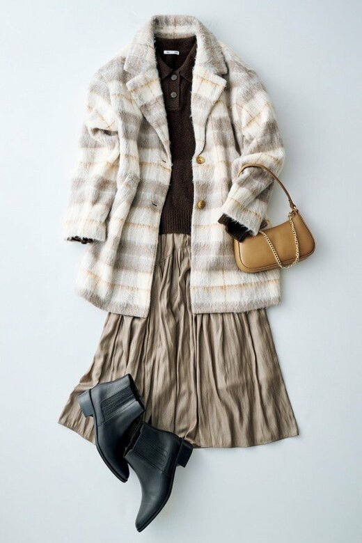 スカートにウールコートを合わせたコーディネート