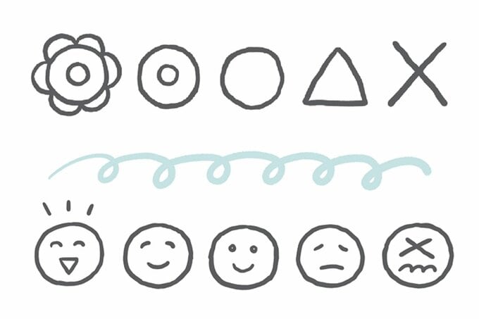 花丸から×までの5つのマークと、笑顔や悲しい顔など5種類の顔のイラスト
