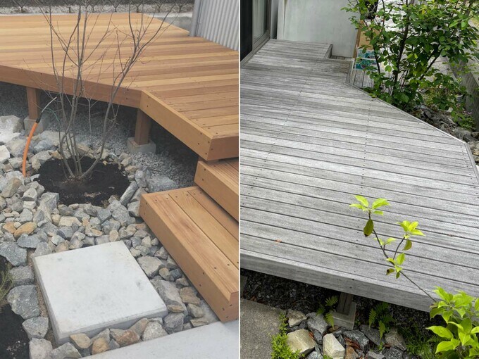 完成直後と時間がたったウッドデッキの比較