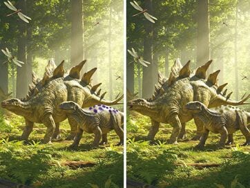＜恐竜間違い探し＞ステゴサウルスとイグアノドンがなかよくお散歩中。どこが違う？2つの絵から見つける10個の間違い