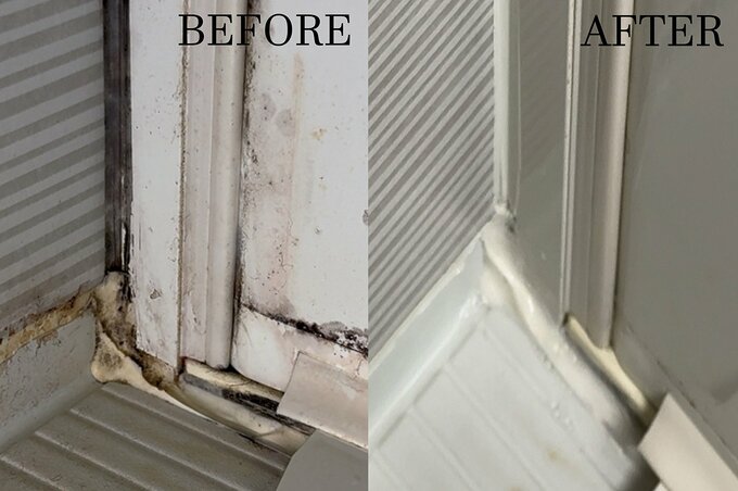 カビで汚れた浴室と、掃除後にきれいになった浴室の比較