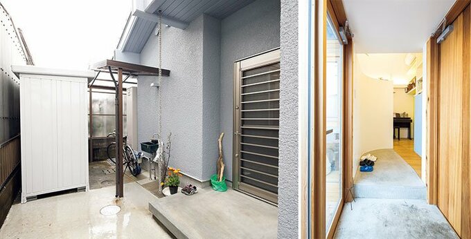 (写真左)建物西側の玄関/(写真右)東入りの玄関