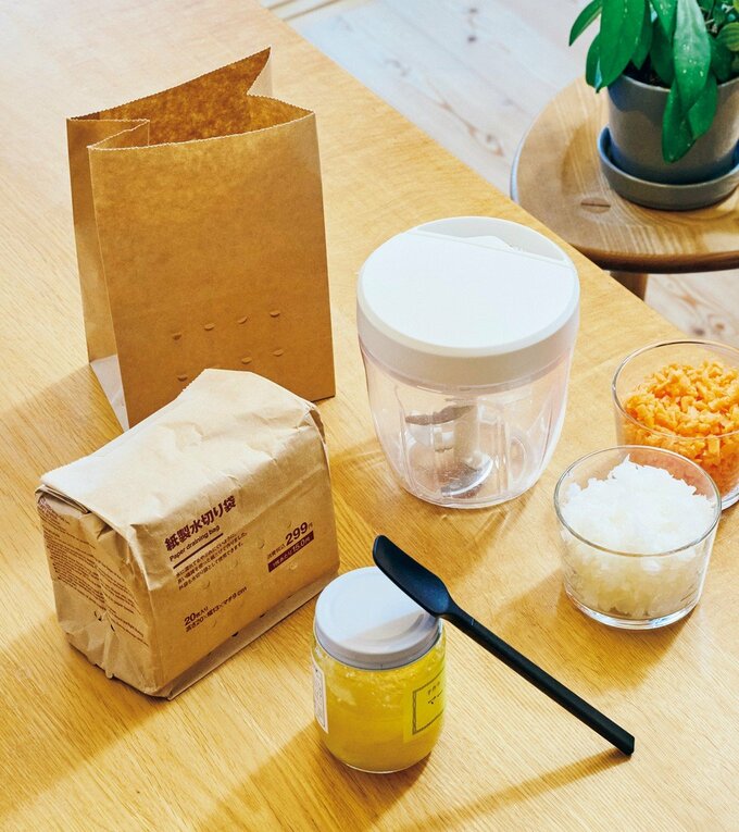 無印良品の「みじん切りチョッパー」、「紙製水切り袋」、「シリコーンジャムスプーン」の画像