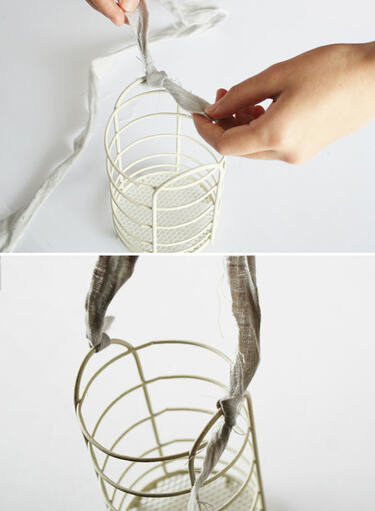 カトラリースタンドのハンドル部分に端布を結ぶ