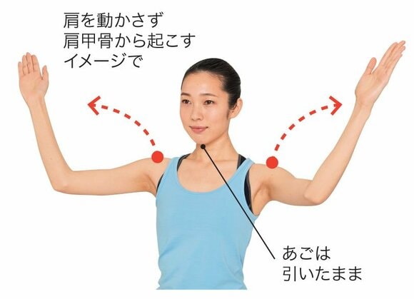 肩甲骨から動かすように手を起こし10秒リリース