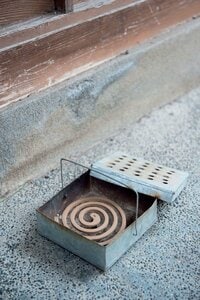 玄関先に蚊取り線香をたく