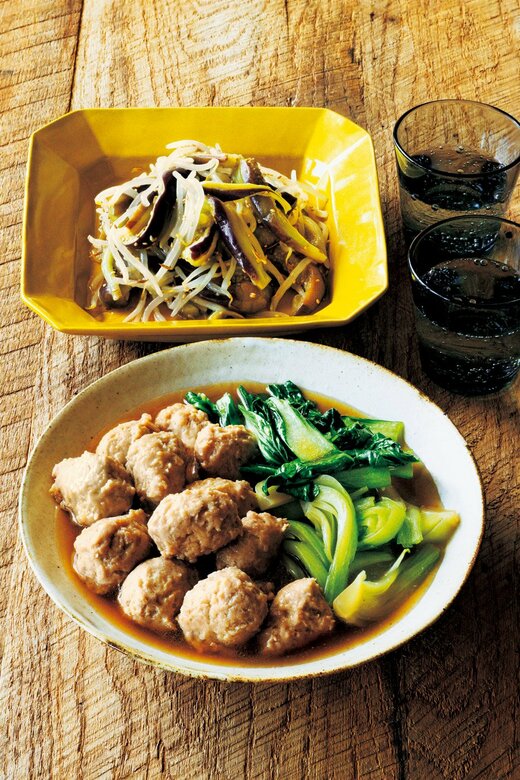 鶏だんごとチンゲンサイの塩中華煮／秋ナスとモヤシのナムル