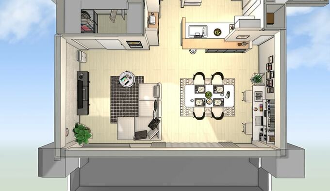 ふたりでテレワークできるように、幅200×奥行50㎝の大き目のテテーブルを置いた例