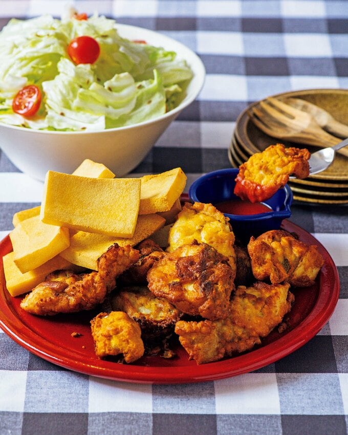 豆腐チップス、ちぎりキャベツ