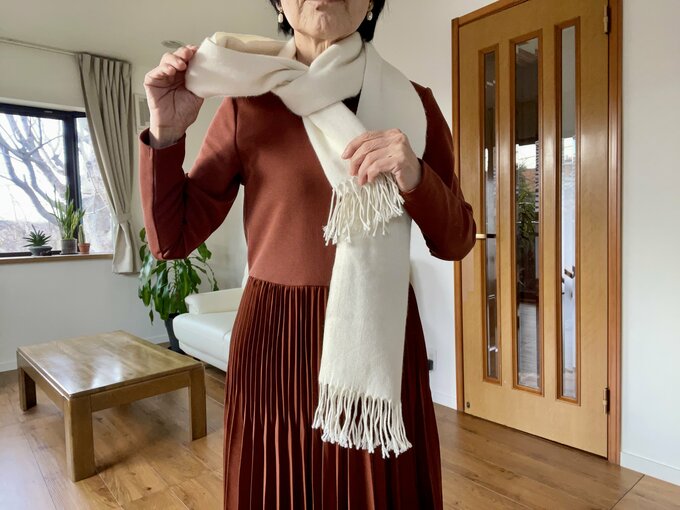 （2）首の輪を緩めて片端を上から差し込む。