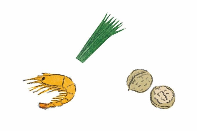 エビ、ニラ、クルミのイラスト